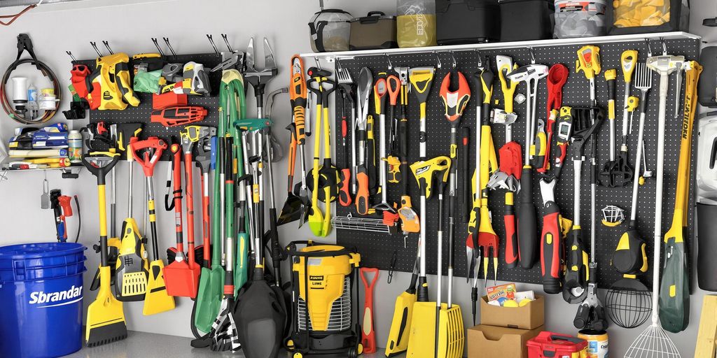 Organized garage with lawn tools in a storage system.