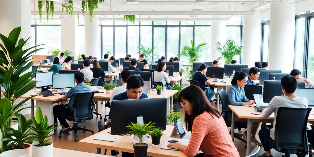Bright coworking space with professionals collaborating in Singapore.