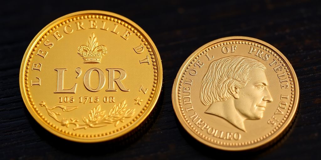 Pièces d'or Louis d’or et Napoléon sur surface en bois.