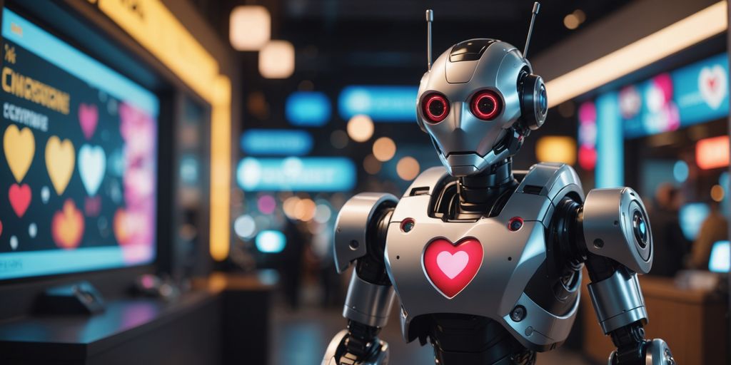 AI robot with heart eyes and entertainment icons