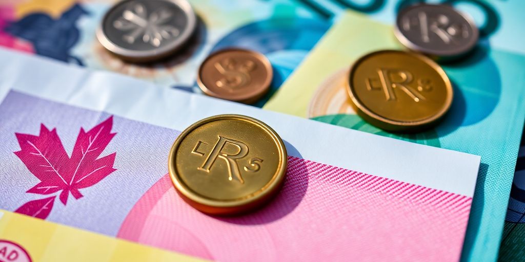 Cédulas e moedas do dólar canadense em destaque.