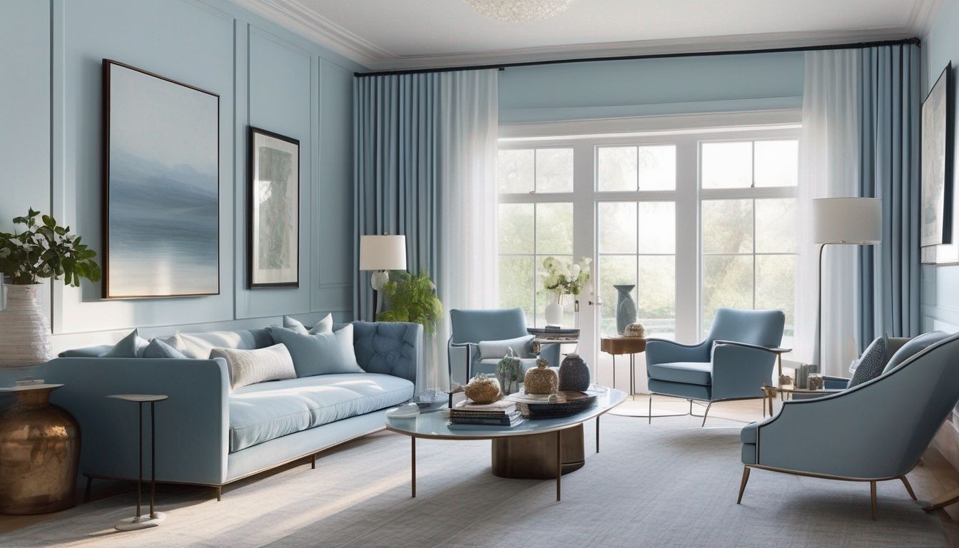 serene pale blue living room with modern decor