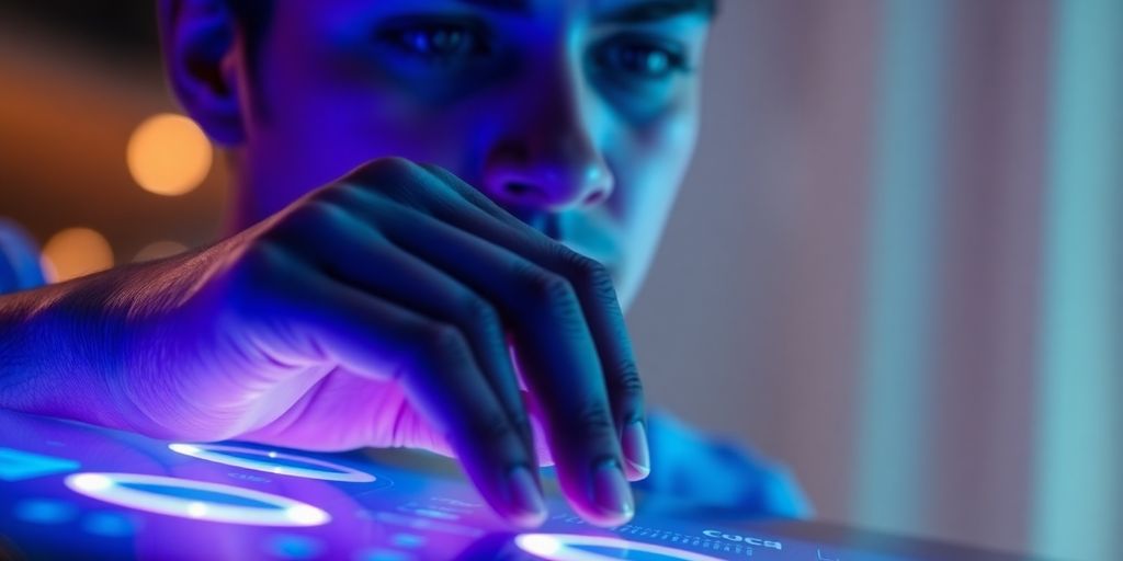 Person interacting with glowing digital interface.