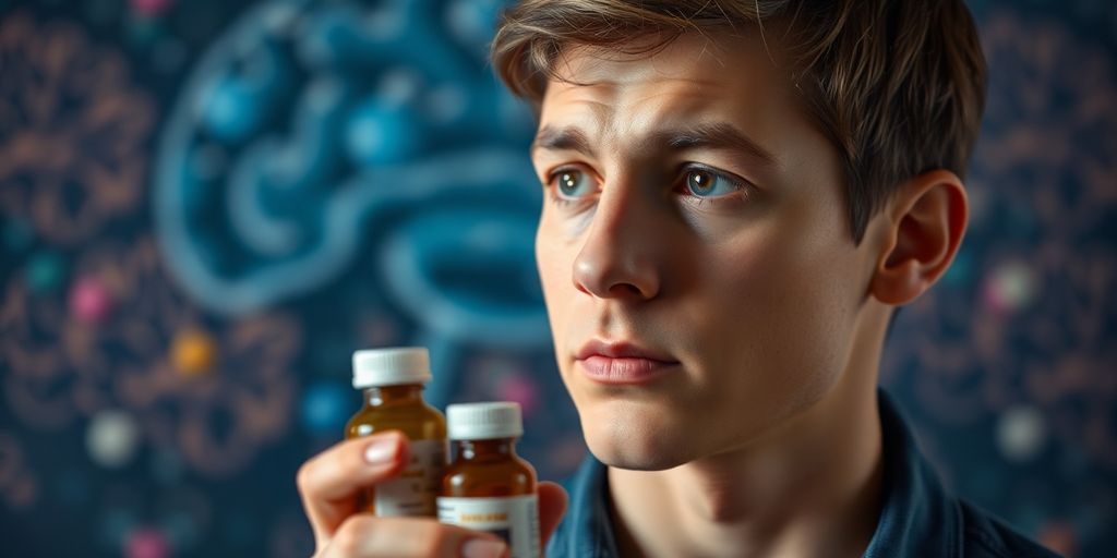 Person contemplating medication bottle and brain activity.