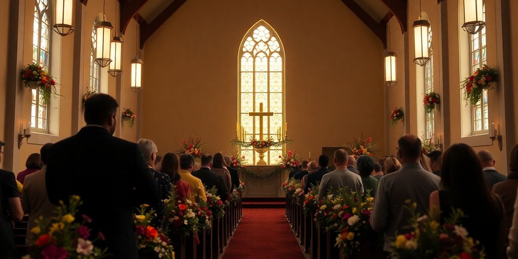 Silhouettes of worshippers in a decorated church setting.