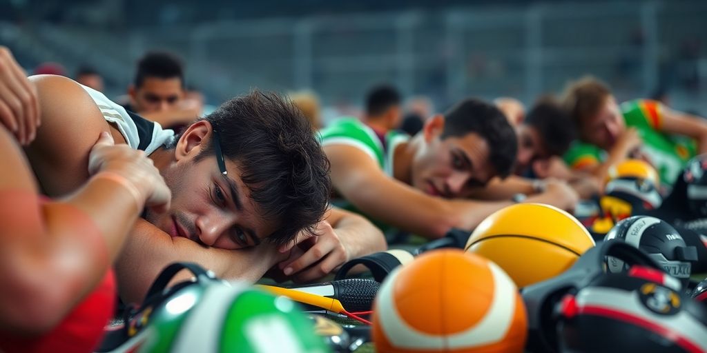 Athletes looking tired after long-distance travel.