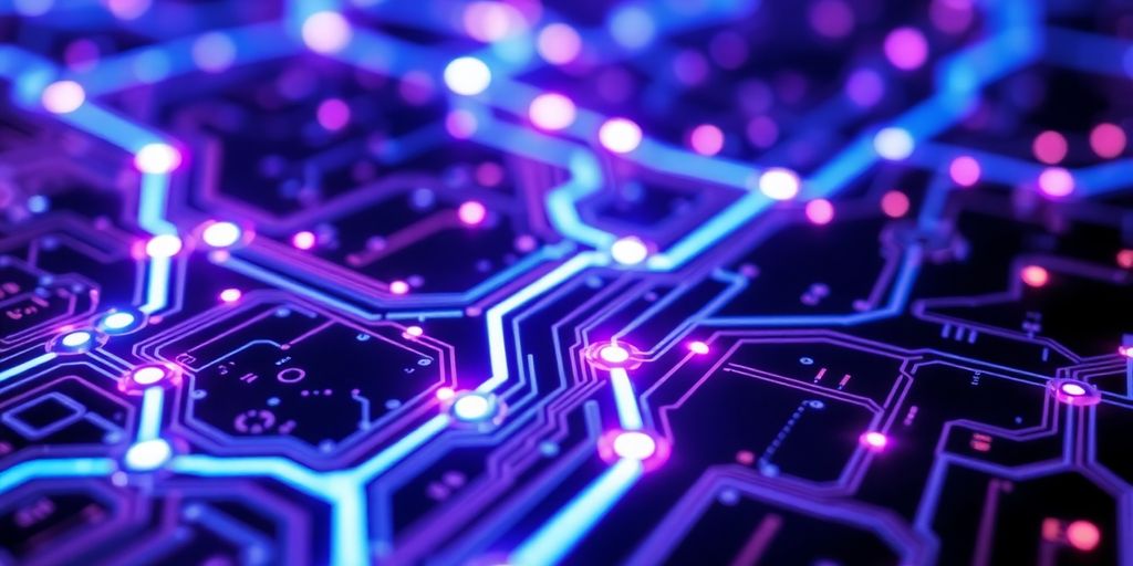 Illuminated circuit board pathways, vibrant blue and purple light.