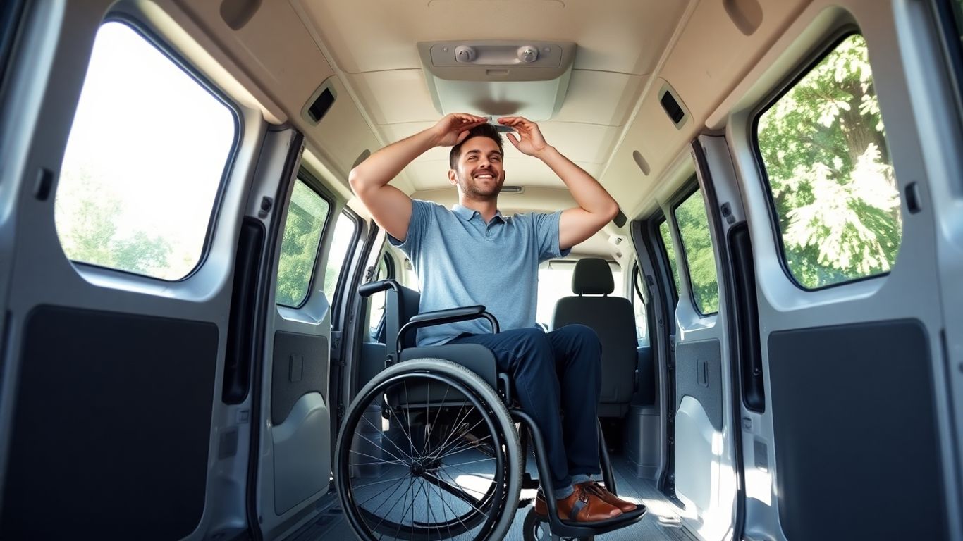 Usuario alto de silla de ruedas midiendo la altura libre dentro de una furgoneta adaptada.