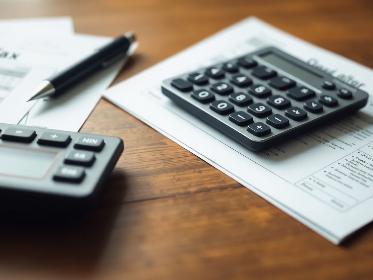 Calculator și documente fiscale pe un birou din lemn.