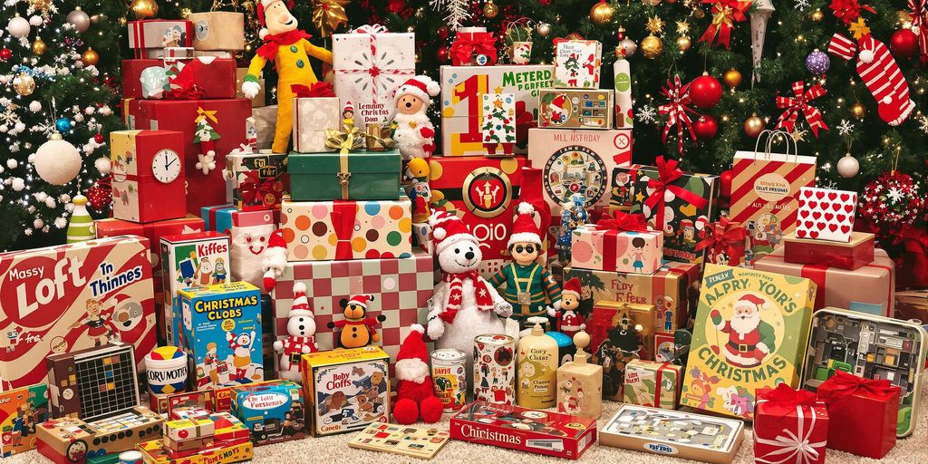 Colorful nostalgic gifts in a festive arrangement.