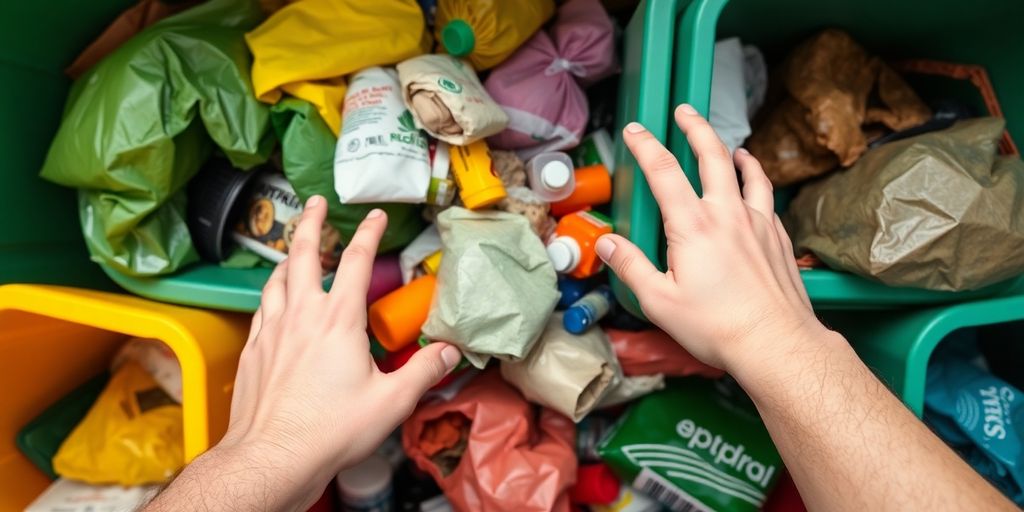 Personnes triant des déchets dans des conteneurs colorés.