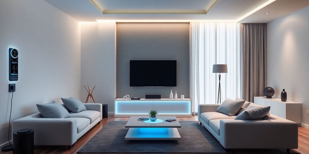 Modern home automation devices in a sleek living room.