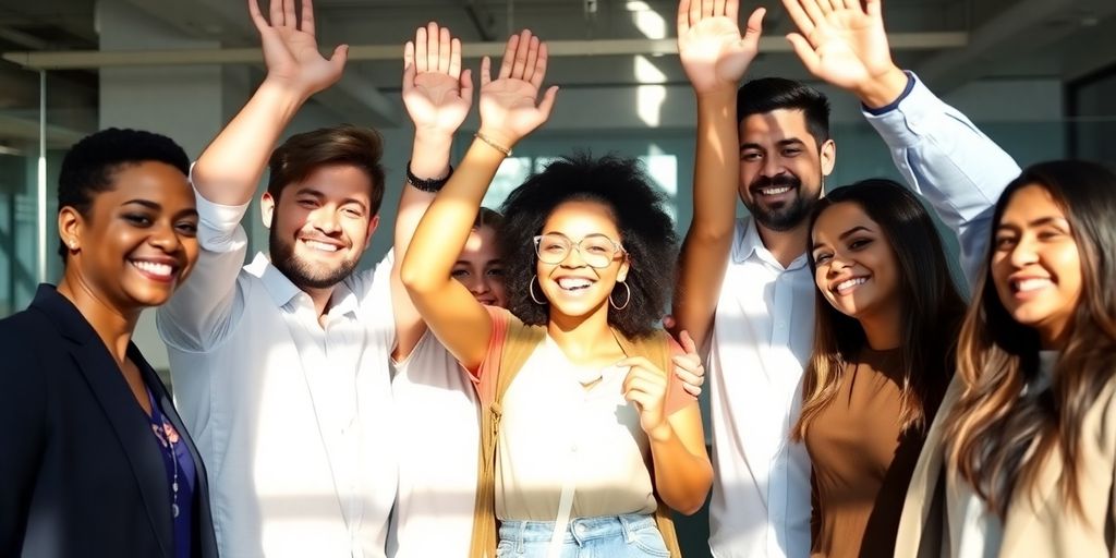 Startup team celebrating success with raised hands.