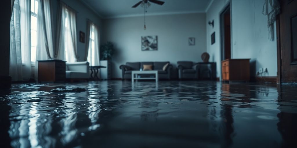 Flooded room with water damage and soaked furniture.