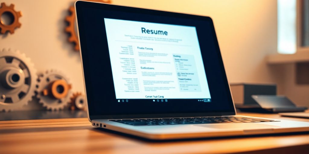 Laptop with glowing resume, gears turning smoothly.