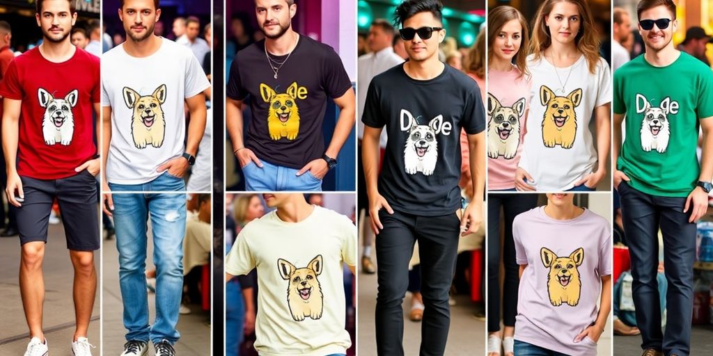 Models wearing trendy Doge shirts in various settings.