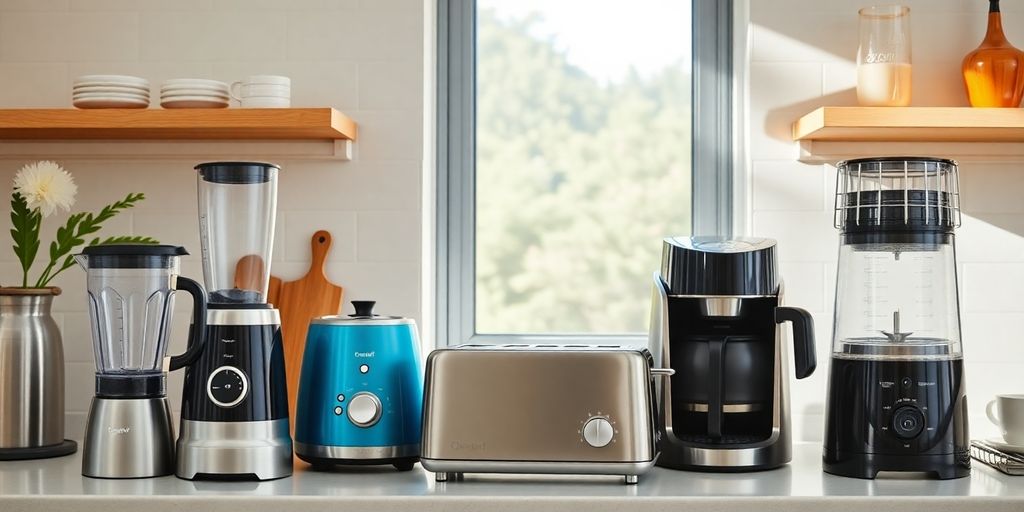 Verschiedene preisgünstige Haushaltsgeräte in einer modernen Küche.