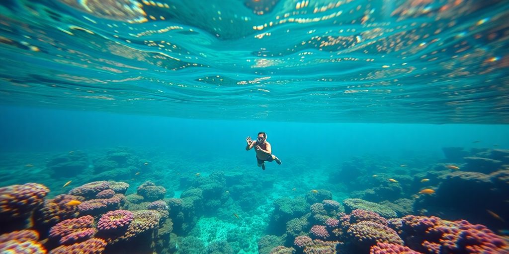 Snorkeler swims with vibrant fish near Cabo arch.
