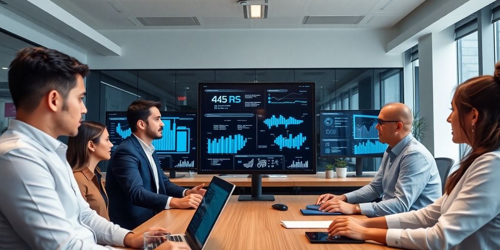 Profissionais discutindo IA em um escritório moderno.