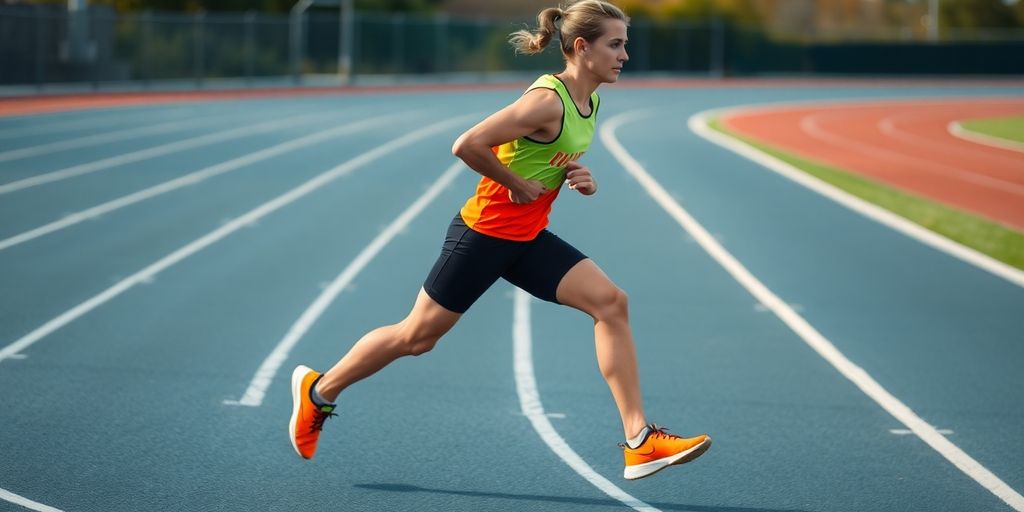 Runner training on track during intense speed workout session.