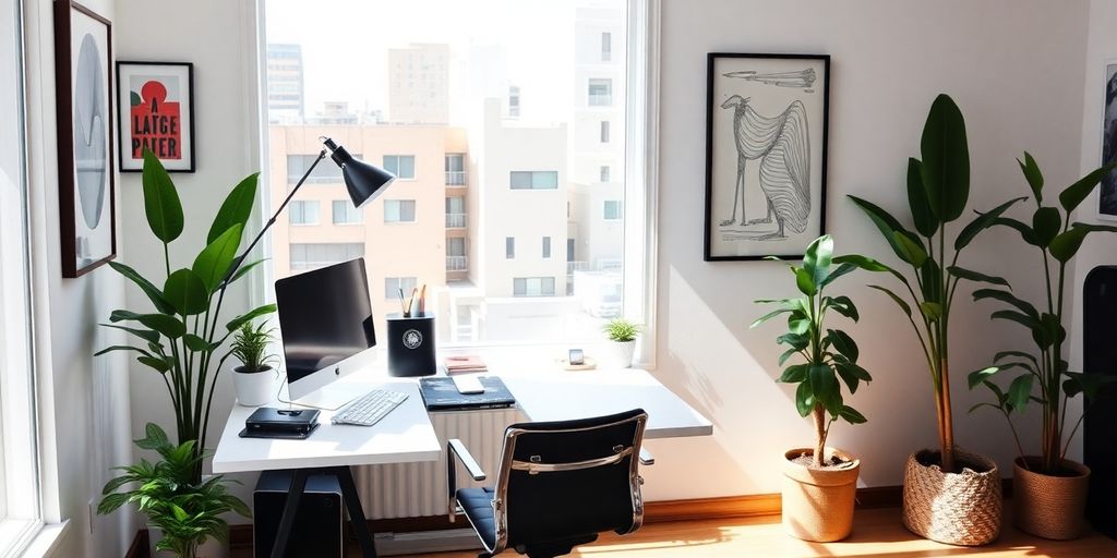 Bright home office with desk and window in Los Angeles