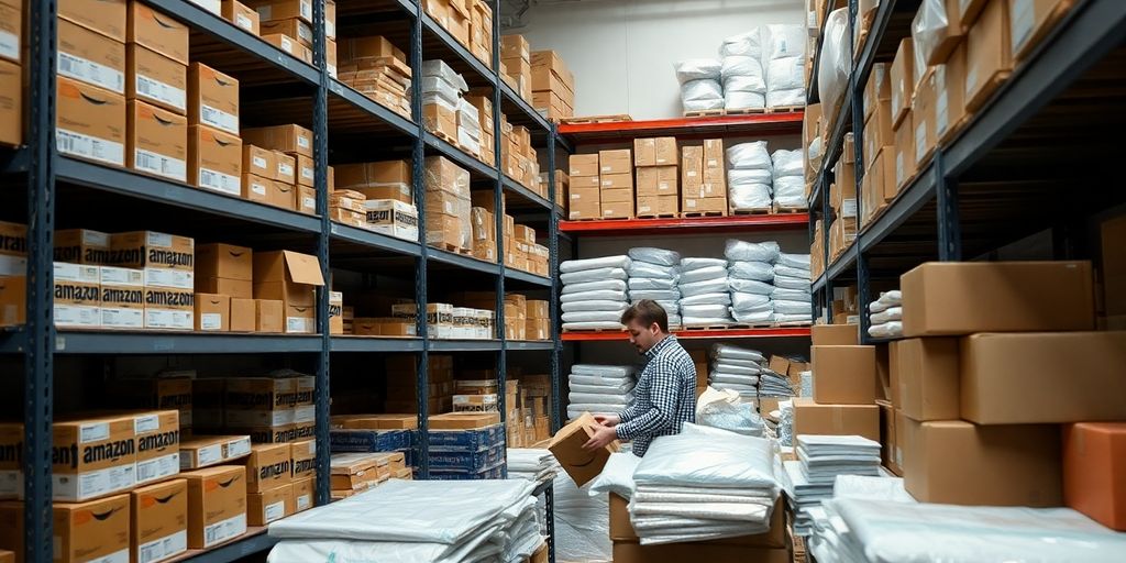 Photograph of organized inventory for Amazon FBA sellers.