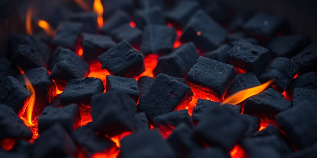 Rich, glowing coconut charcoal briquettes for BBQ.