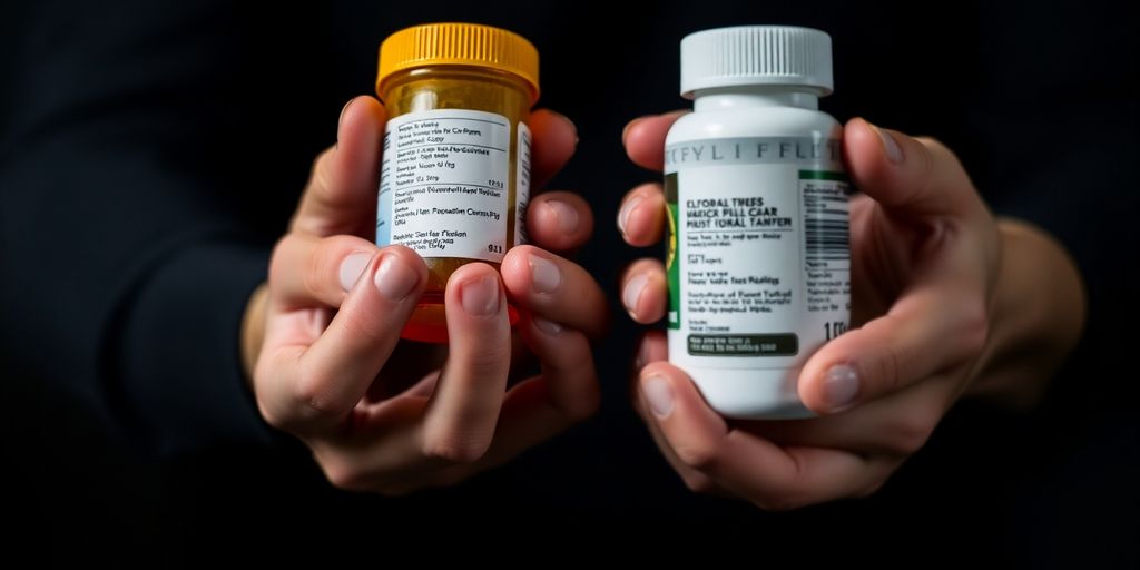 Overlapping hands, pill bottles, dark background.