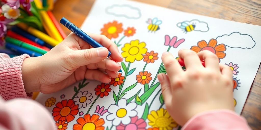 Child coloring spring flowers and nature scene
