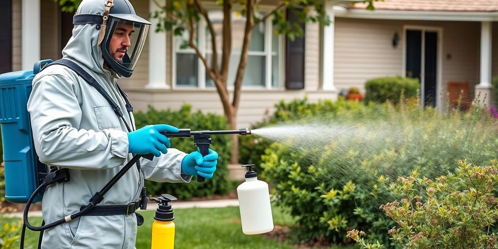 Tehnician de dezinsectie in actiune, eliminand insecte.