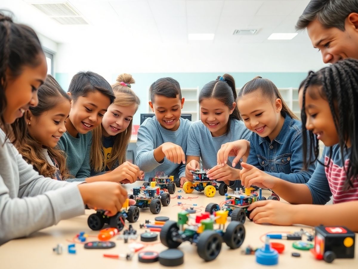 Copii construind roboți cu mentori entuziaști.
