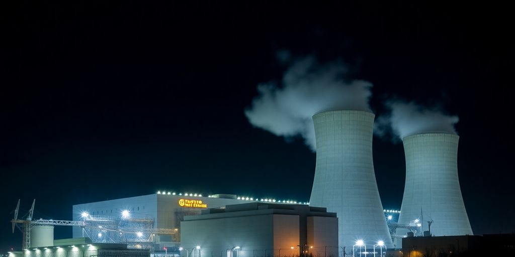 Centrale électrique émettant de la vapeur la nuit.