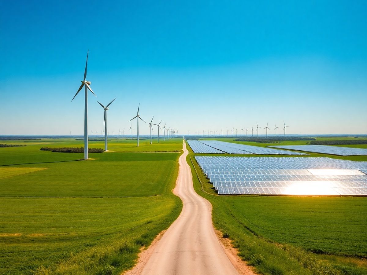 Panouri solare și turbine eoliene pe un câmp verde.