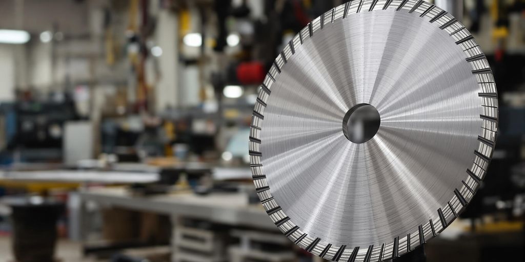 Steel cutter disc in a workshop setting with tools.
