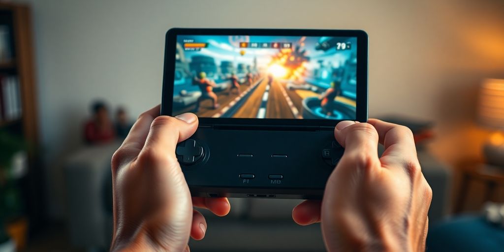 Person holding Steam Deck, vibrant game on screen.