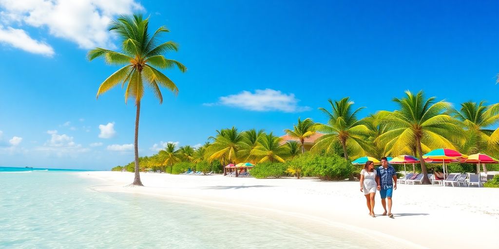 Couple walking on a tropical Bahamas beach.
