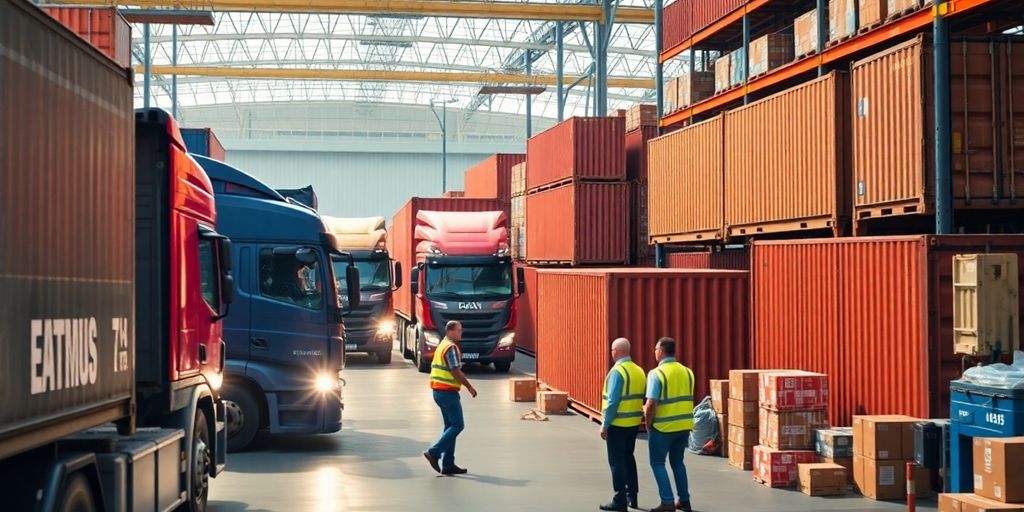 Busy freight brokerage scene with trucks and containers in motion.