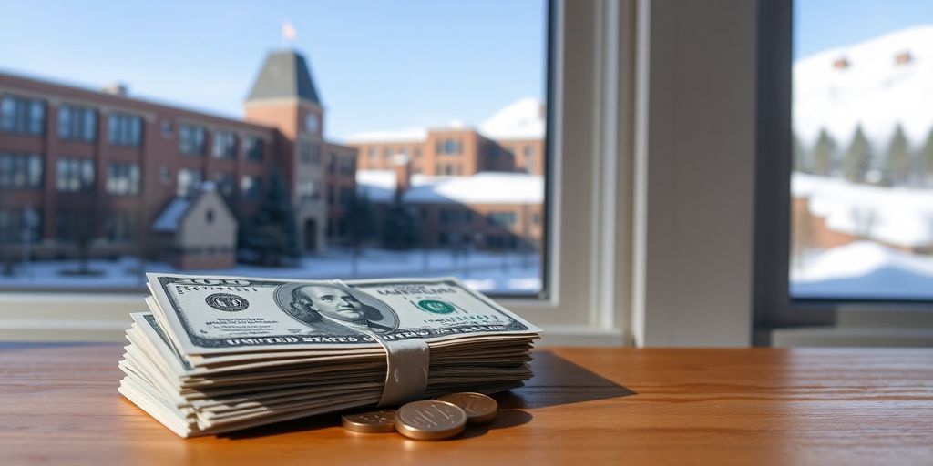 A stack of money with the snowy UAF campus outside.