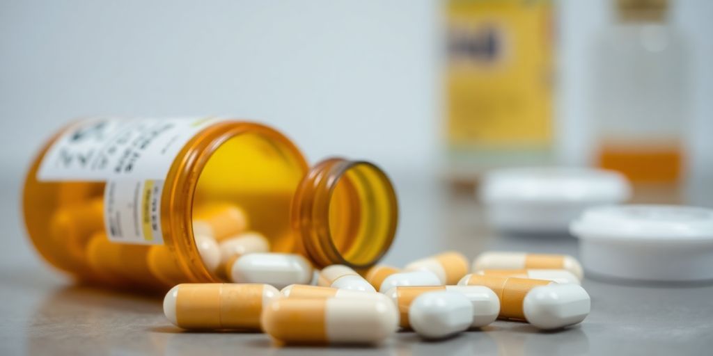 Photograph of a pill bottle with scattered pills.