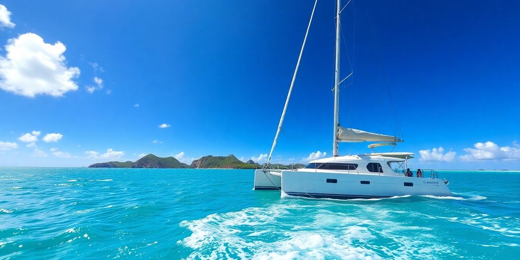 Catamaran sailingCaribbean waters, tropical islands background