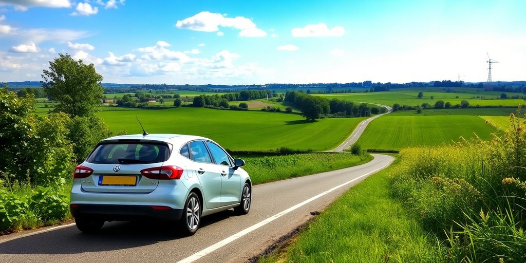 Auto in een schilderachtig Nederlands landschap.