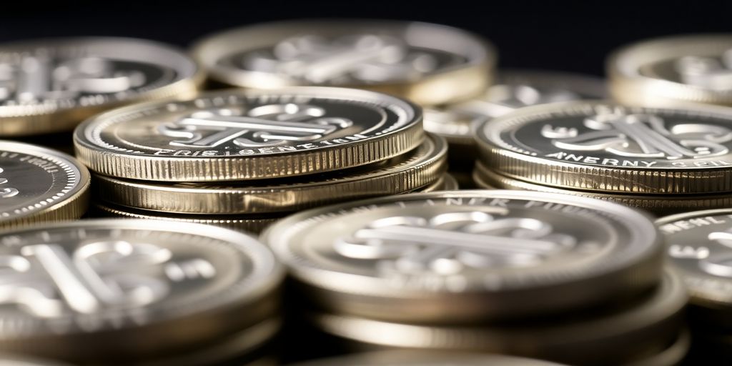 Pièces d'argent brillantes empilées sur une surface foncée.