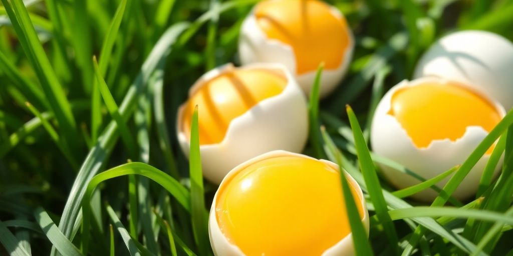 Close-up of pasture raised eggs in green grass.
