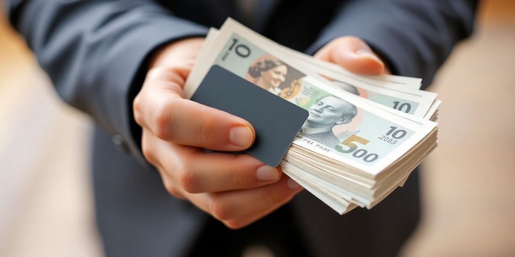 Main tenant des billets et une carte bancaire.