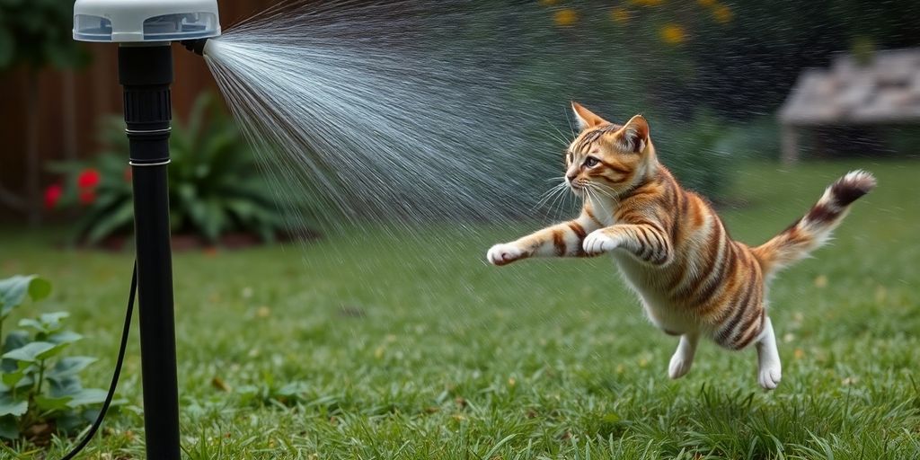 Motion-activated sprinkler spraying water on a cat.