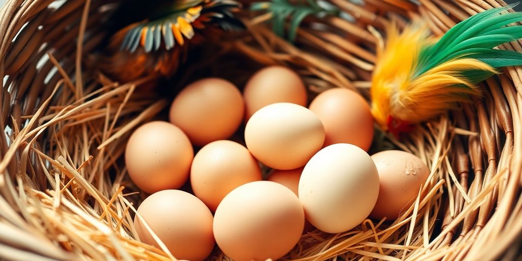 Freshly collected eggs in a rustic basket with straw.