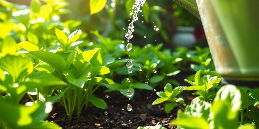 Garten mit Regenwasser und Pflanzen