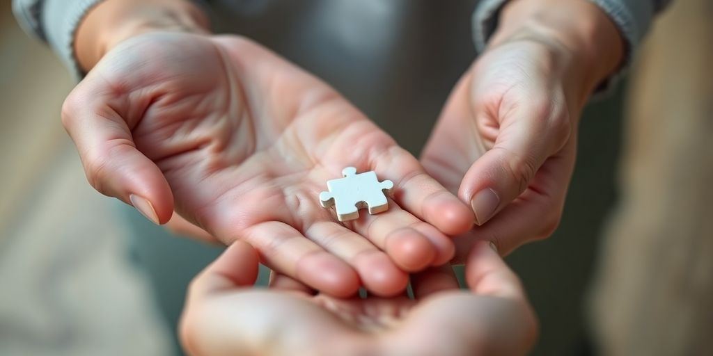 Two hands connect, one holding a small puzzle piece.