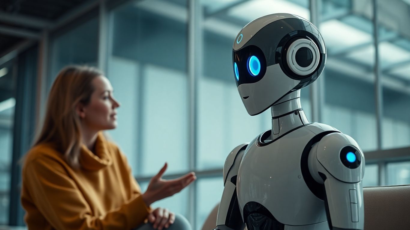 Person talking to friendly AI robot in futuristic room