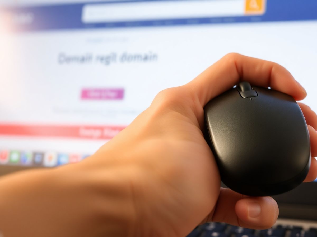 Person's hand over a mouse, ready to cancel domain.